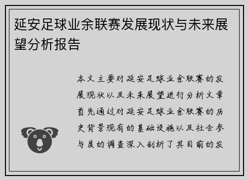 延安足球业余联赛发展现状与未来展望分析报告