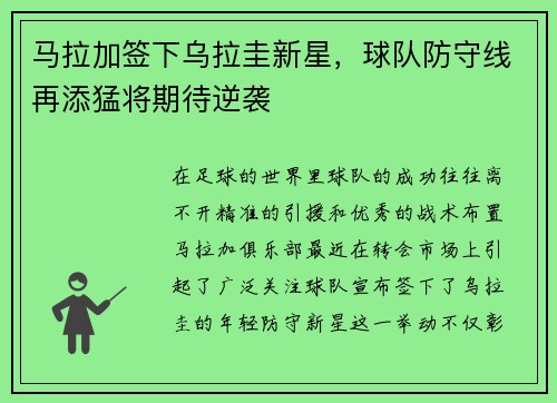 马拉加签下乌拉圭新星，球队防守线再添猛将期待逆袭